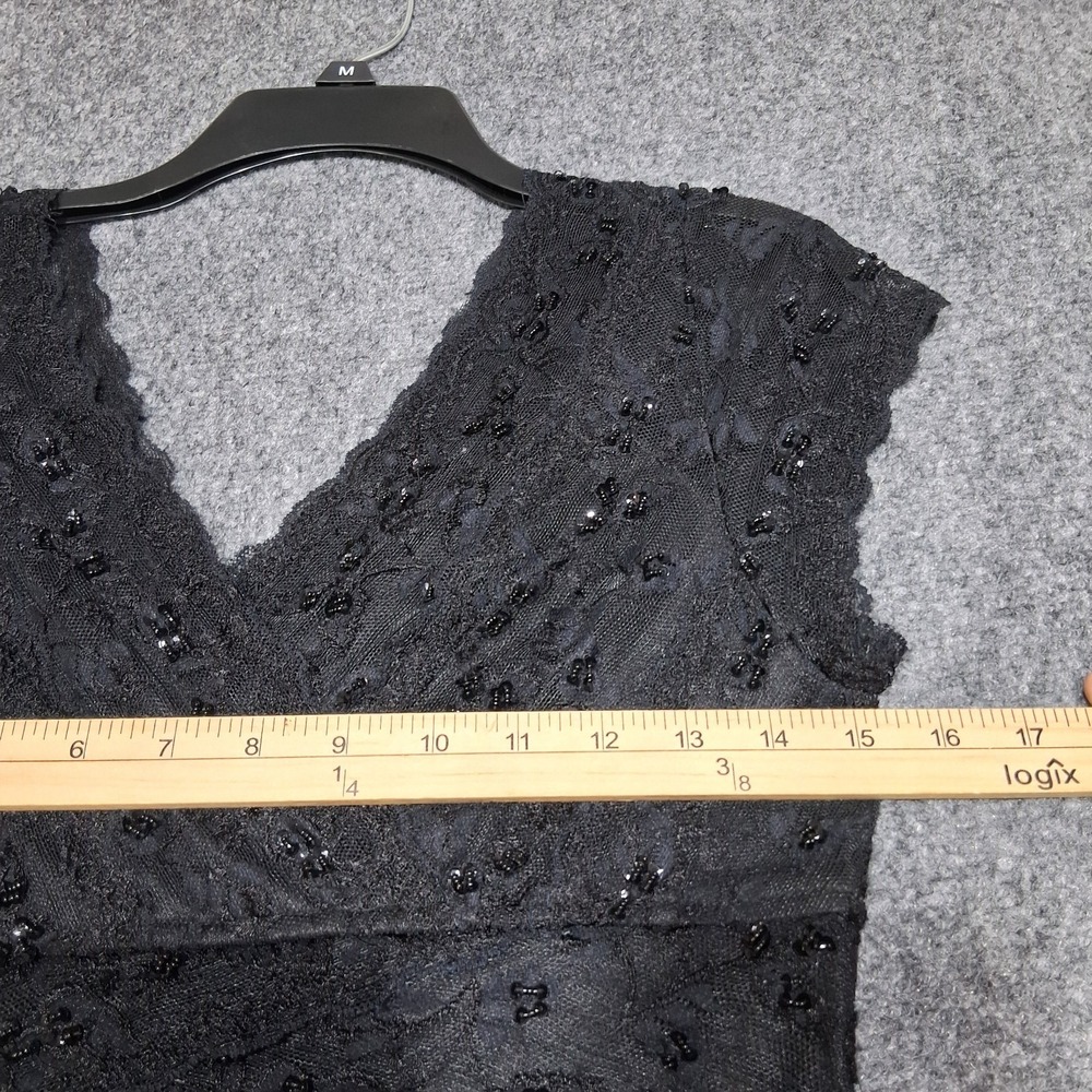 Cindy USA Black Lace Beaded Tiered V-Neck Cocktail Dress Womens Medium LBD - Picture 3 of 11